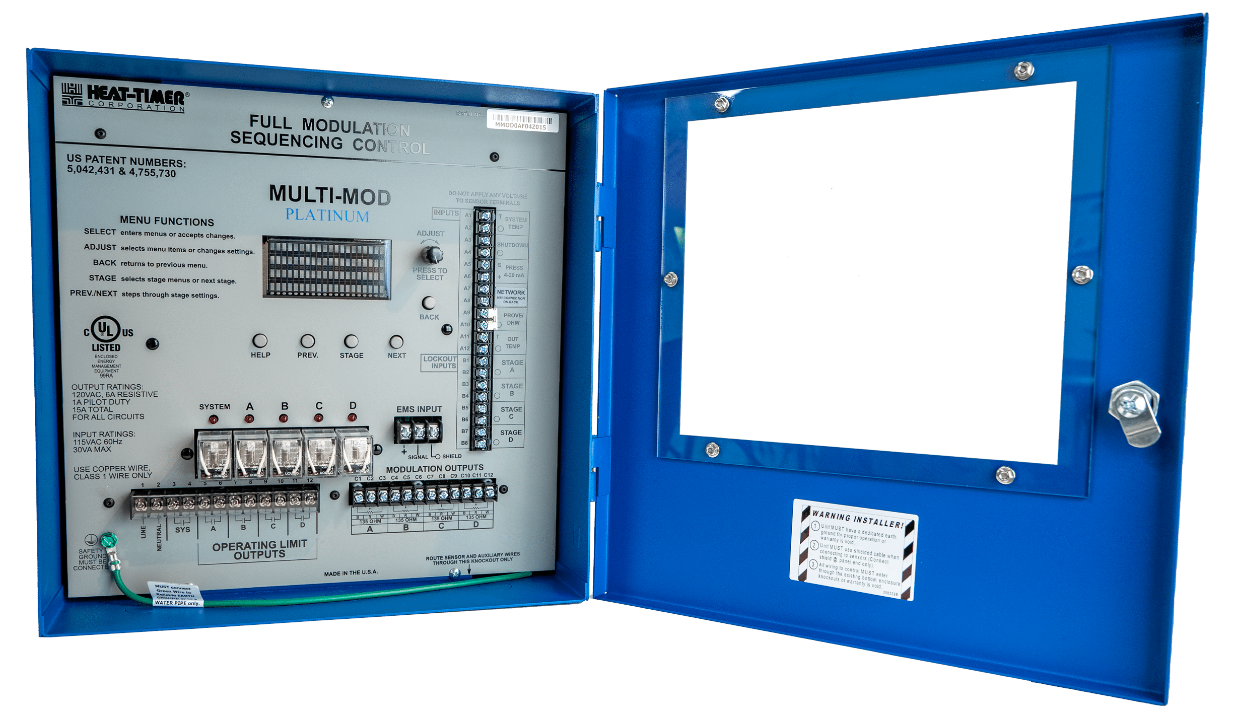 Blue Heat-Timer Multi-MOD Platinum boiler control panel with its door open